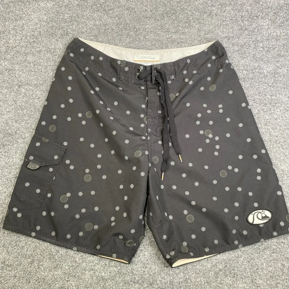 VTG Quiksilver Edition Mens Board Shorts 32 Charcoal Grey Ripstop AOP Print Surf